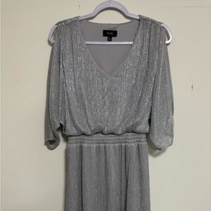 MSK Silver Metallic V-Neck Long Sleeve Evening Dress